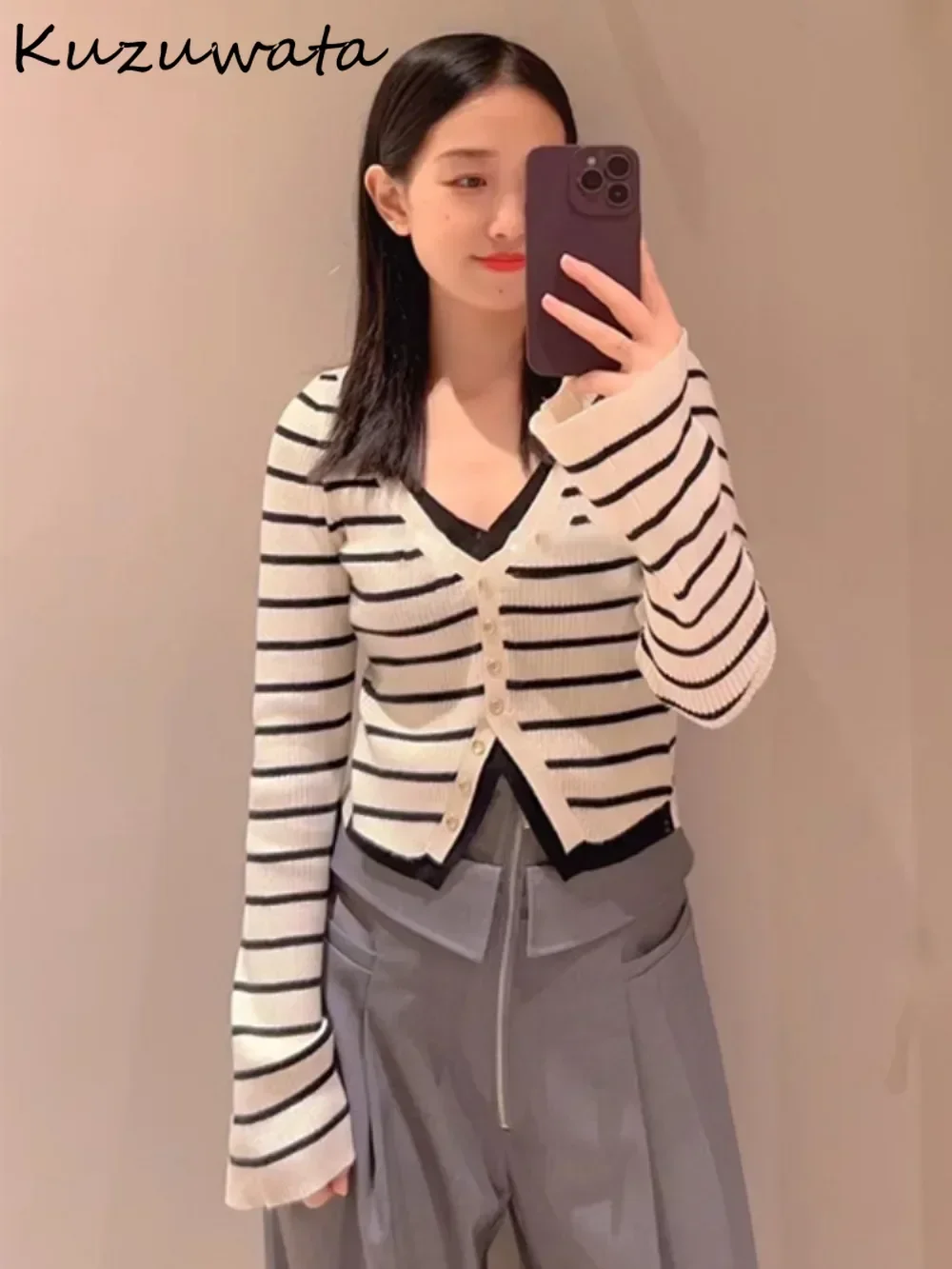 Kuzuwata New V Neck Flare Sleeve Fake Two Pieces Jumper Sling Vent Single Breasted Stripe Cardigan Japan All-match Elegant Tops