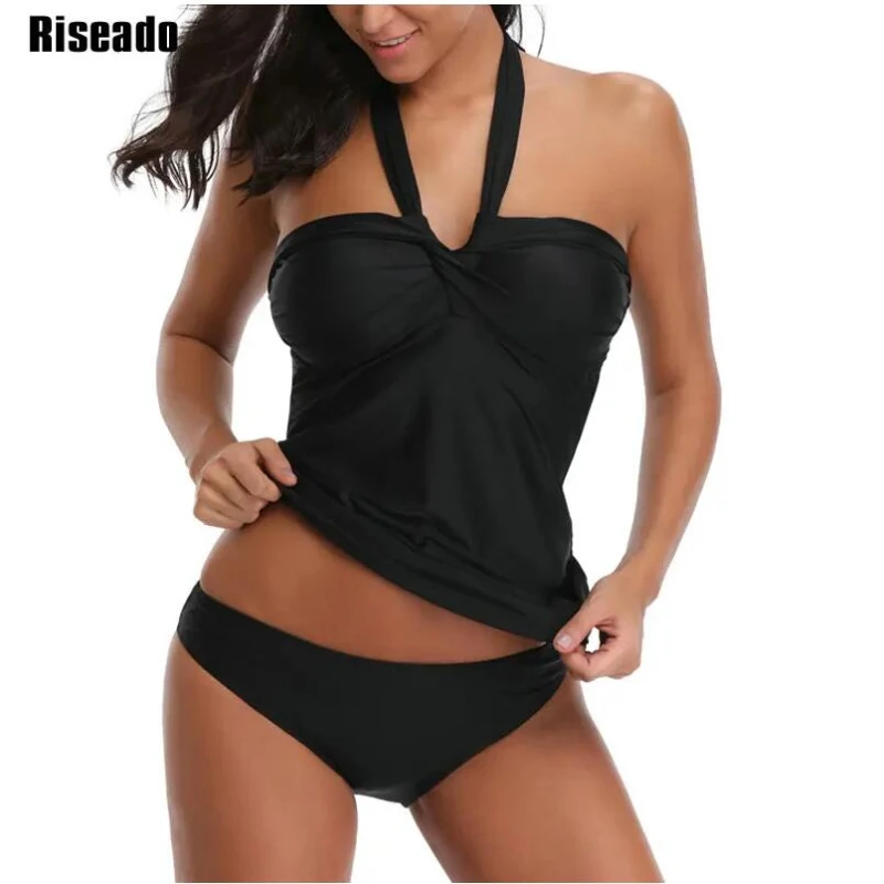 Traje de baño para mujer, traje de baño de dos piezas con cuello Halter, trajes de baño sexis sólidos, conjunto de Tankini negro, ropa de playa de verano