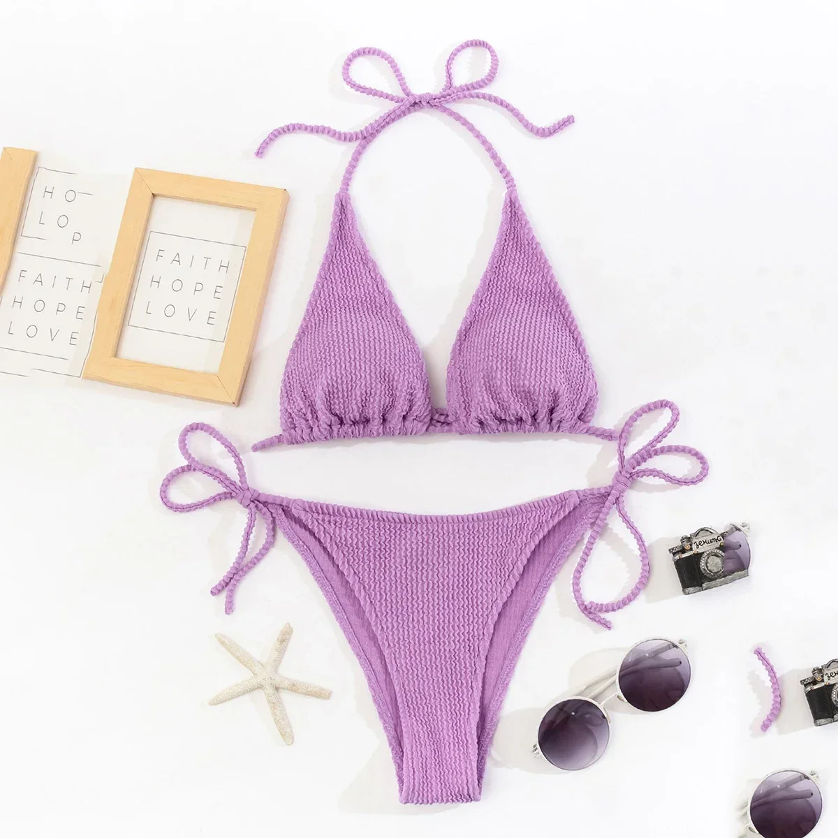 Sexy Purple Ribbed Sting Halter Triangle Bikinis Set Mujer Mini Thong Swimsuit Women Swimwear Bathing Suit Micro Bikini biquinis