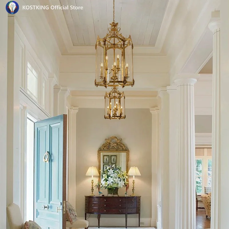 European Aristocracy Glass Lampshade Classical Elegance Pendant Light Brass Lantern Chandelier