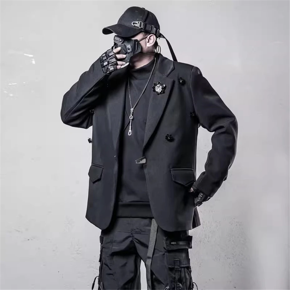 

Mens Black Suit Jacket Streetwear Hip Hop Punk Fashion Coats Oversized Harajuku Function Corsage Decoration Jacket Men Suits