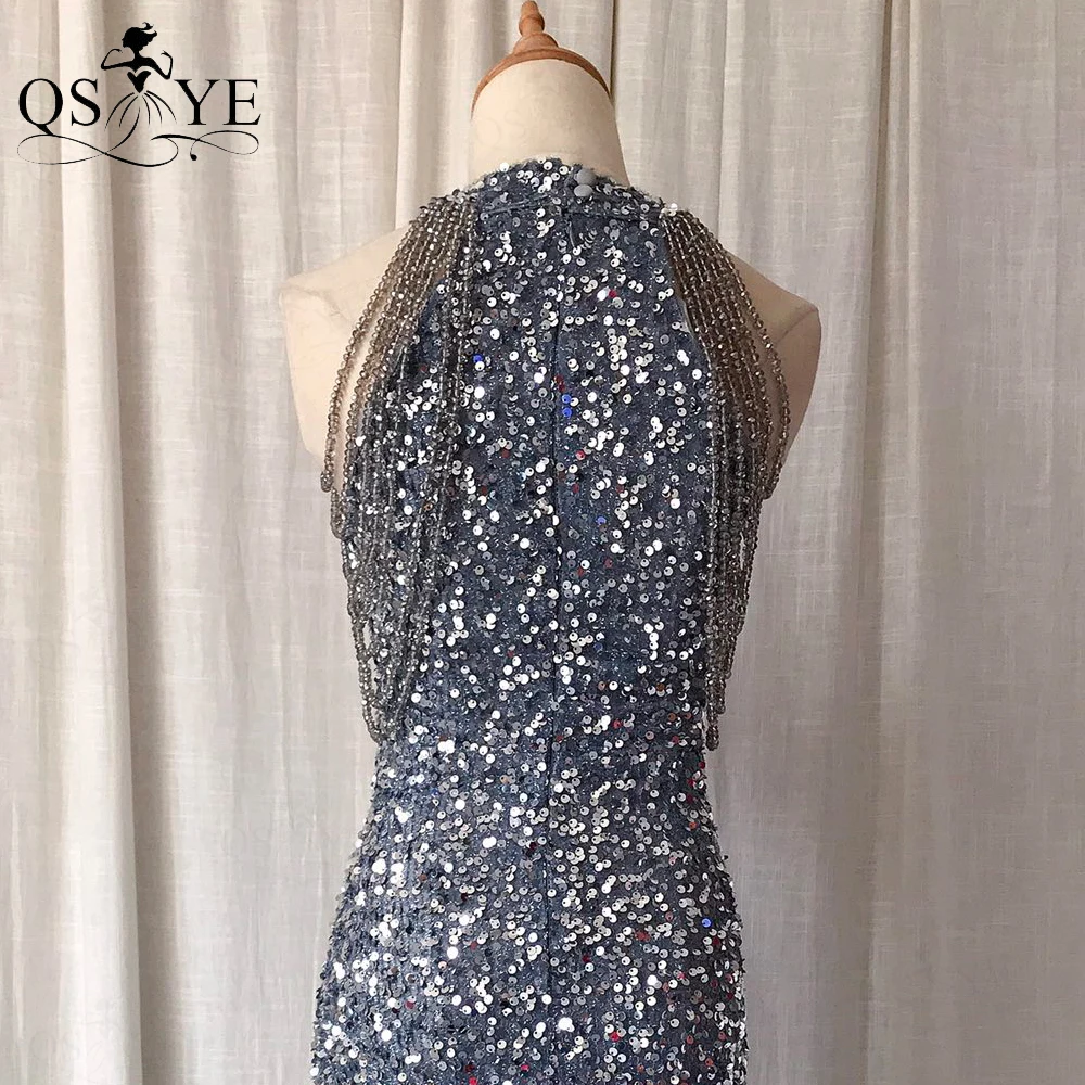 Sparkle Grey Short Prom Dresses Beading Straps/Sleeves Girl Gray Sequin Party Gown Sheath Short Cocktail Shiny Dress Casual Chic