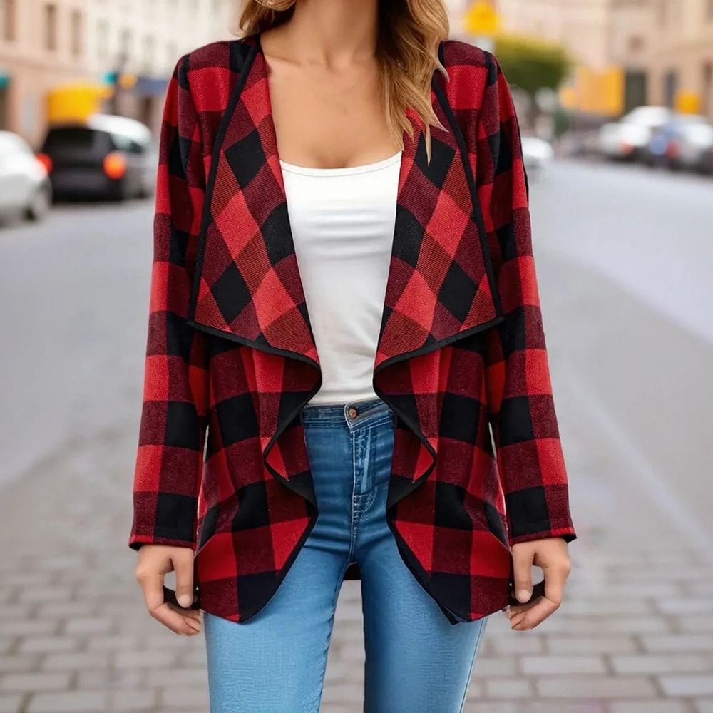 여성용 한국식 시크 드레이프 패치워크 체크무늬 가디건 긴 소매 오픈 프론트 캐주얼 가을 겨울 패션 탑