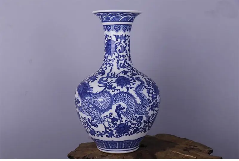 

Chinese Blue White Glazed Porcelain Dragon Flowers Painted Large Vase Decor