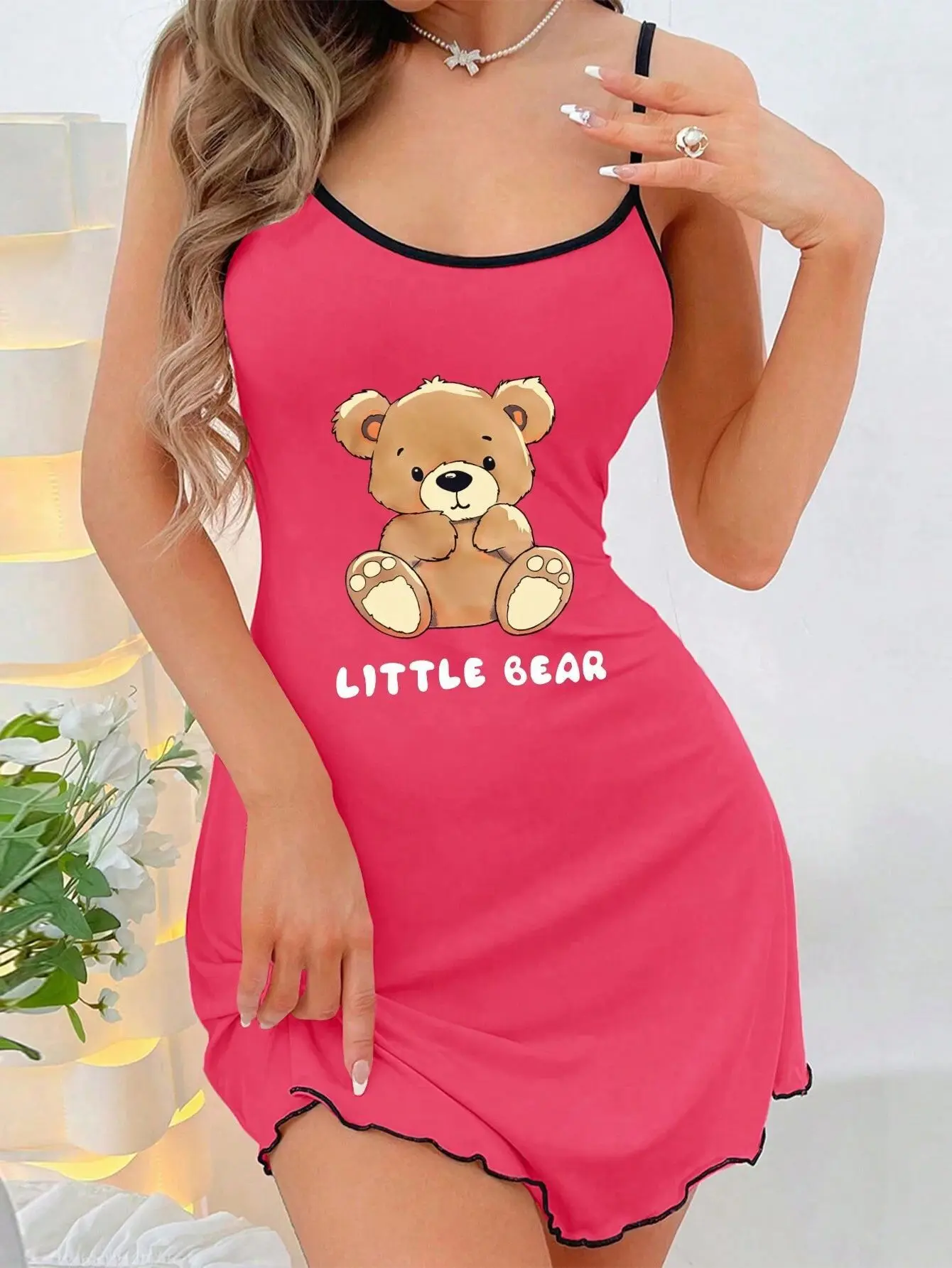 New Womens Sexy Little Bear Print Nightgown Cute Cami Sleep Dress Mini Spaghetti Strap Lettuce Hem Contrast Trim Loungewear image 4