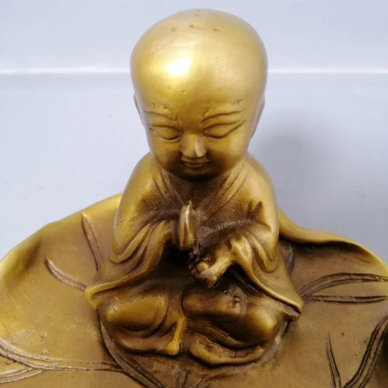 Collectible Little Monk Lotus Leaf Incense Holder Ornament Metal Craft Living Room Decoration