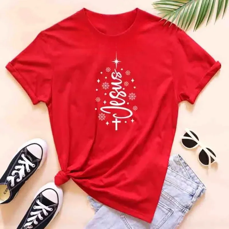 Jesus Christmas Tree Cheap T-Shirt Vintage Women Christian Faith Tee Cozy Winter Xmas Holiday Party Gift Apparel Free Shipping