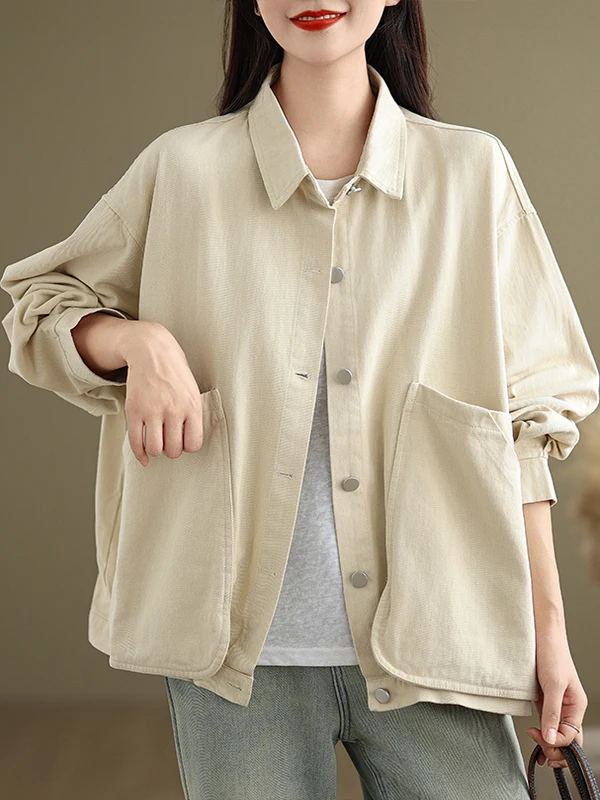 Loose Fit Retro Workwear Jaet with kets Breathable Cotton Long Sve  Collar Casual Slimming Design Spring Autumn N...