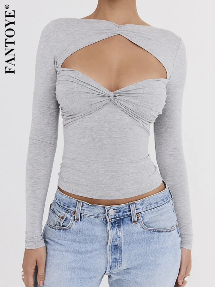 

Fantoye Sexy Hollow Out Ruched Women T-shirt Gray Long Sleeve Solid Casual T-shirt Female Spring Skinny Elegant Streetwear 2024