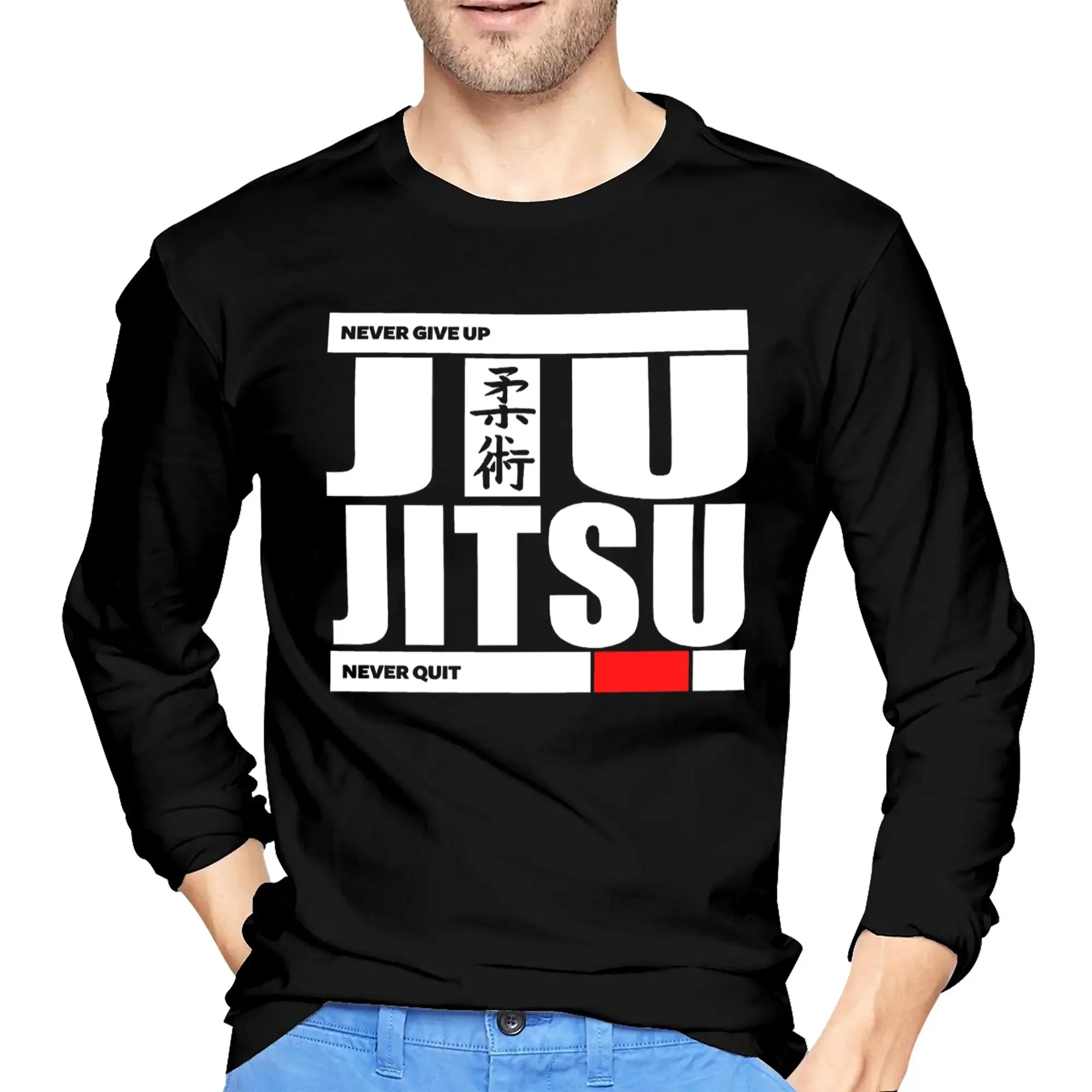 

Jiu Jitsu - Never Give Up Never Quit Men's Long Sleeved T-shirt Fashion Round Neck T shirts Spring and Autumn Men tops