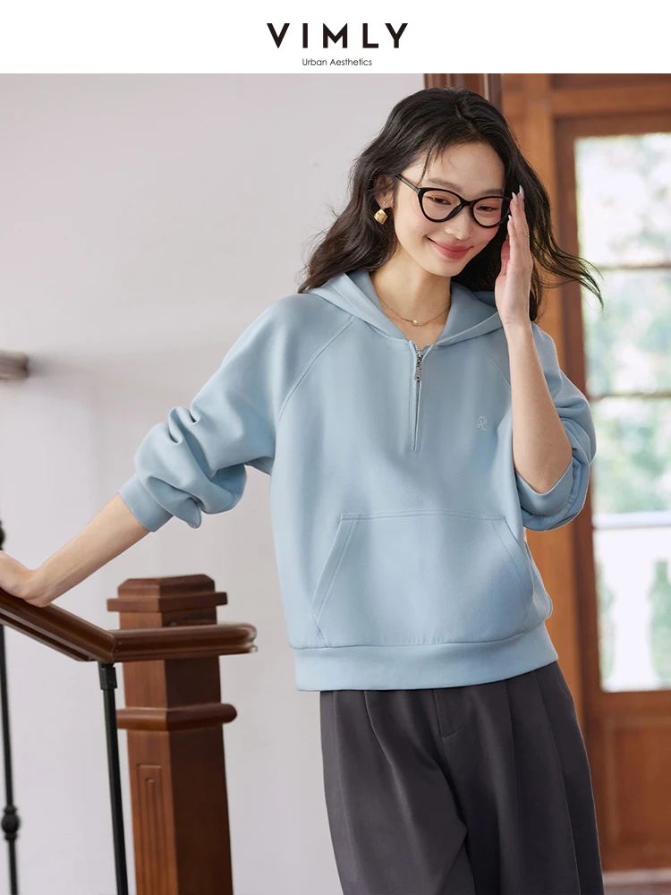 VIMLY Women's Hoodies 2025 Autumn Casual Blue Letter Embroidery Hooded Sweatshirt Loose Long Sleeve Tops Woman Clothes A0732