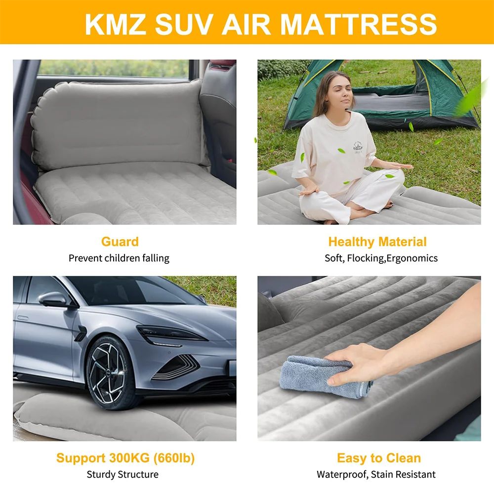 Portable Double‑Sided SUV Air Mattress Thickened Flocking Bed With 2 PVC Pillows Electric Pump for Trunk Rear‑Seat Camping
