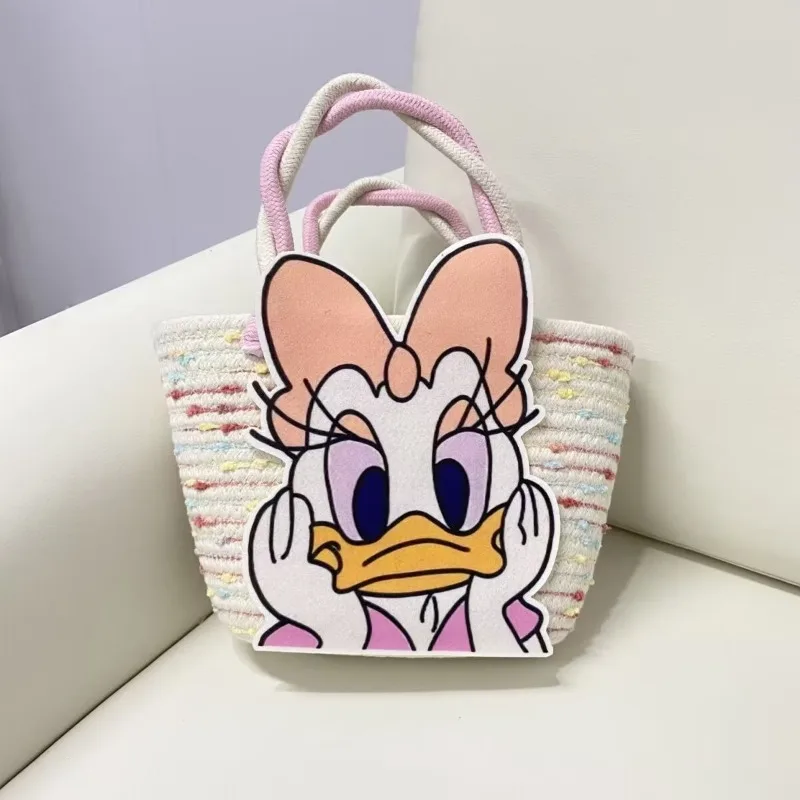 2025New Disney Ladies Designer Straw Fancy Bag Cute Handbag Rattan Travel Leisure Vacation Small Round Beach Mickey Shoulder Bag