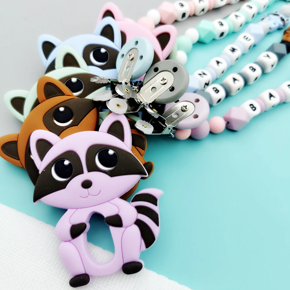 Custom English Silicone Letter Name Baby Silicone Squirrel Pacifier Clip Chain Teether Pendant Baby Pacifier Kawaii Teether Gift