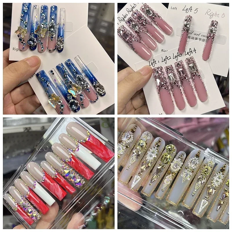 Customized Handmade 3XL Full Cover False Nail Tips Luxury Glittery Rhinestone Press On Nails Y2K Extra Long Fake Nail With Glue