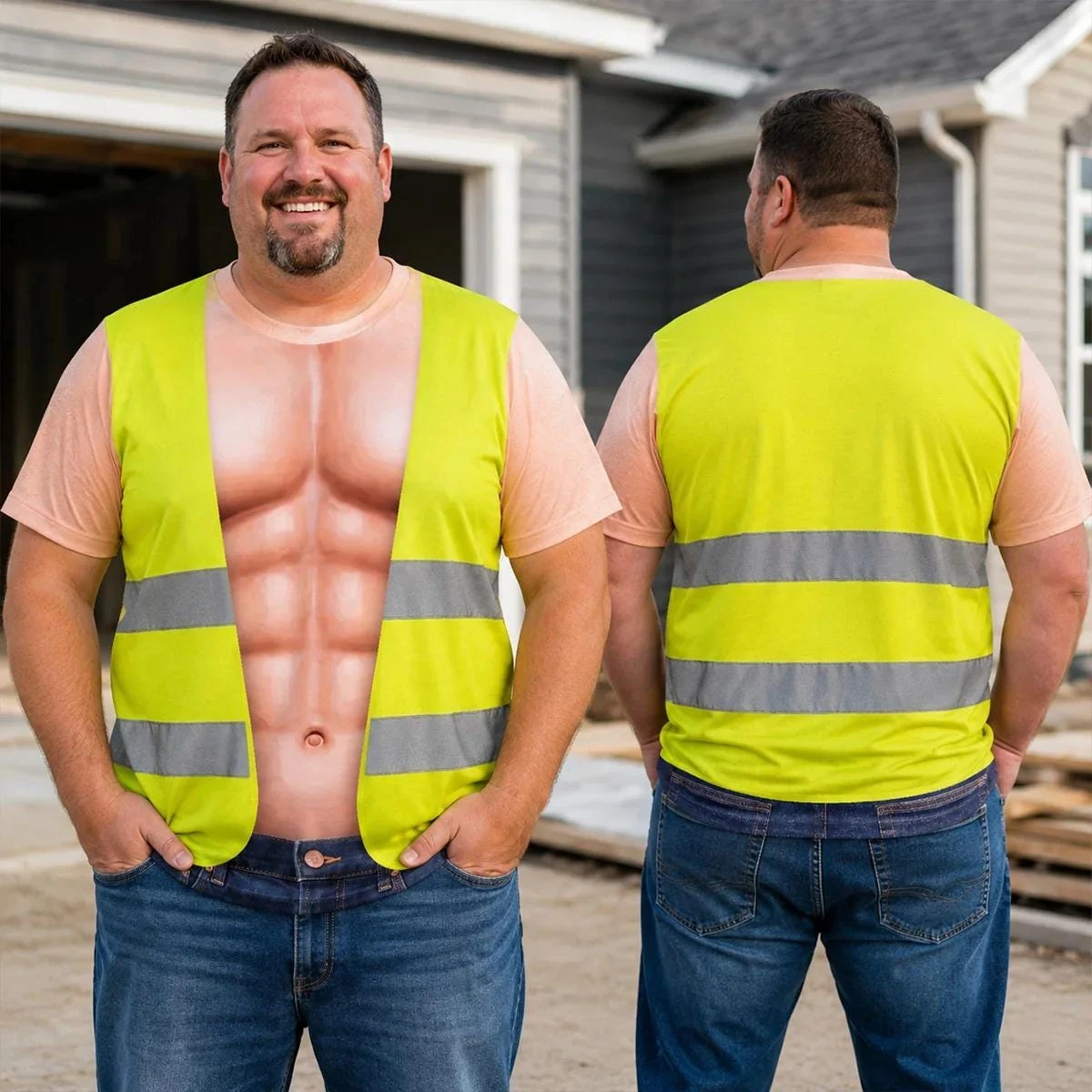 Unisex Funny Fake Safety Vest Muscle 3D Print Tee Men Women Humor Construction Worker Short‑Sleeve Tops Party Prank Street Tees