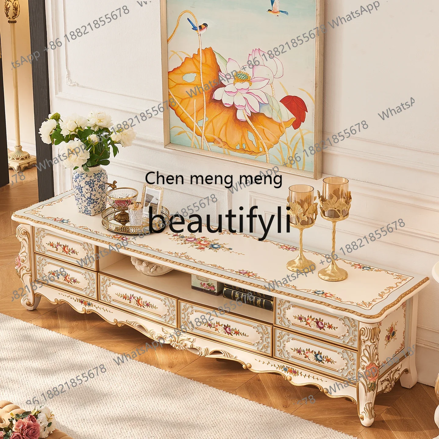 European hand-painted rose French court gold painting living room home full solid wood carving TV floor cabinet