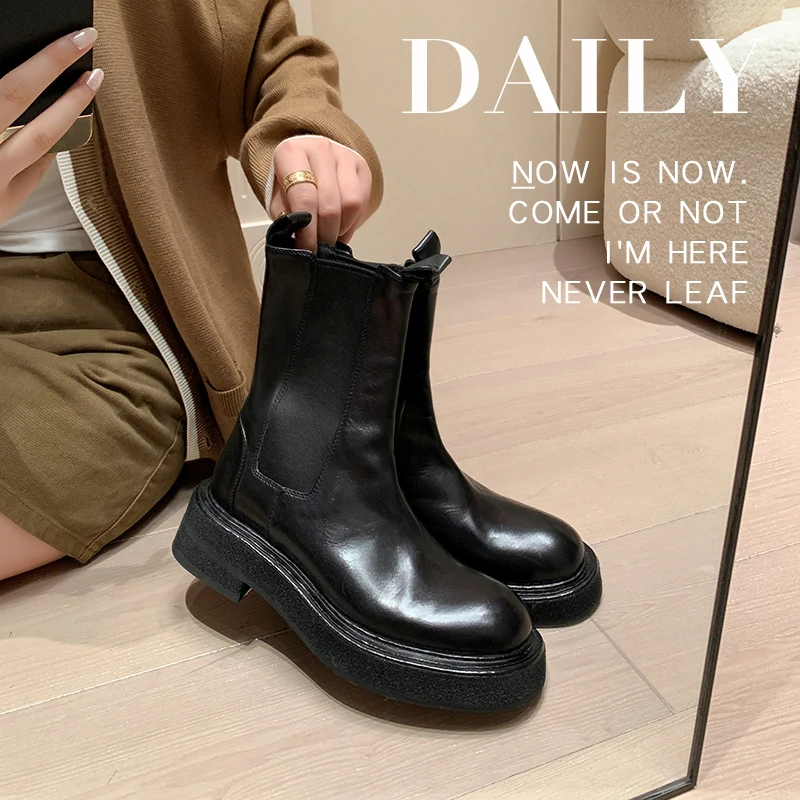 2023 new Autumn winter women ankle boots natural leather 22-25cm cowhide+pigskin Chelsea Boots Chimney boots platform boots