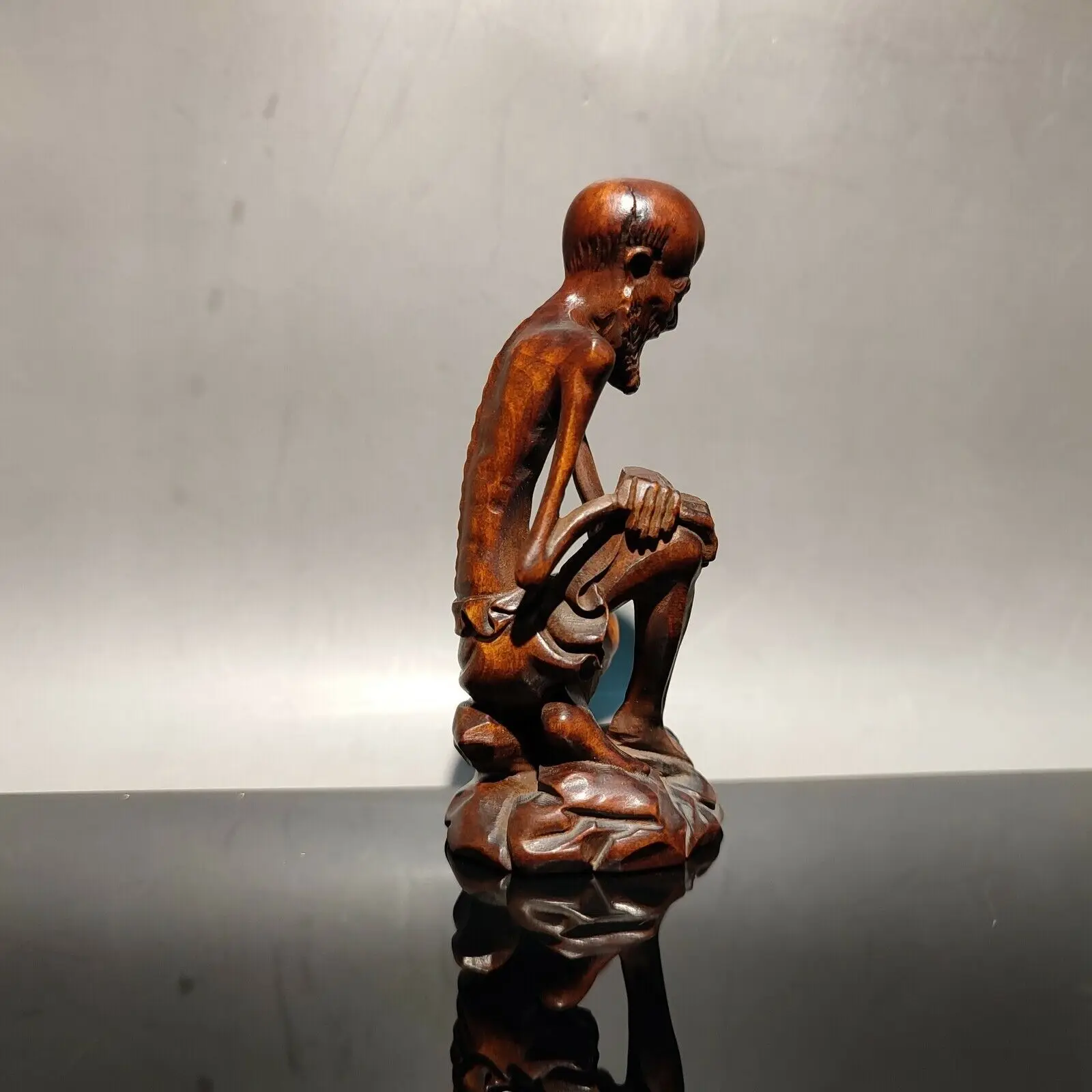 vintage wood carved men thin as a rake praying buddha statue mini wooden carving