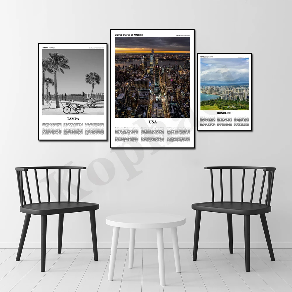 USA New York South Carolina Chicago Hawaii Tampa Beach Florida Seattle Texas Pennsylvania Cityscape Travel Wall Art Poster