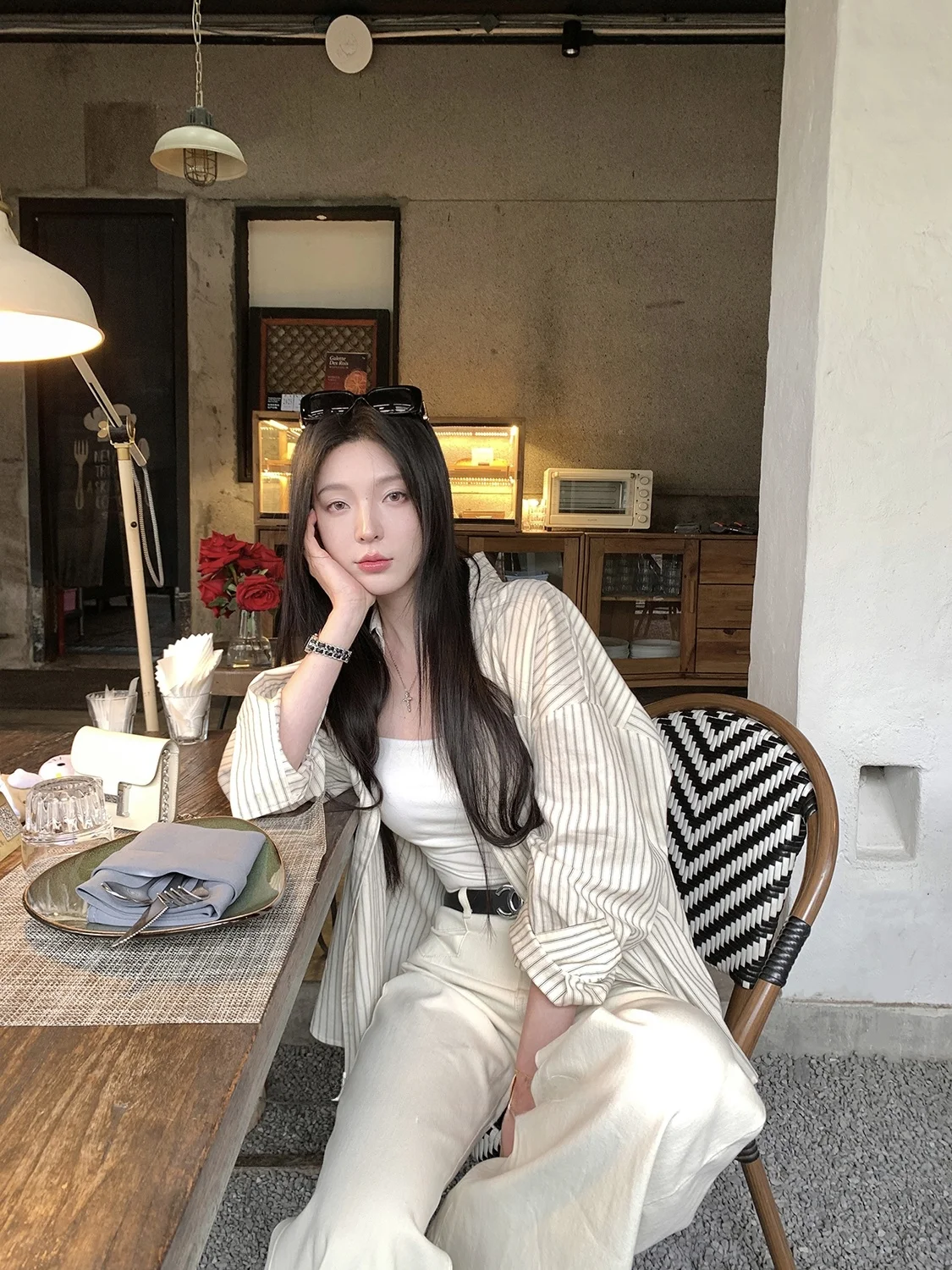 

Свободная женская рубашка в полоску с длинным рукавом в корейском стиле, прямого кроя, из чистого хлопка, повседневная верхняя одежда для весны и осени