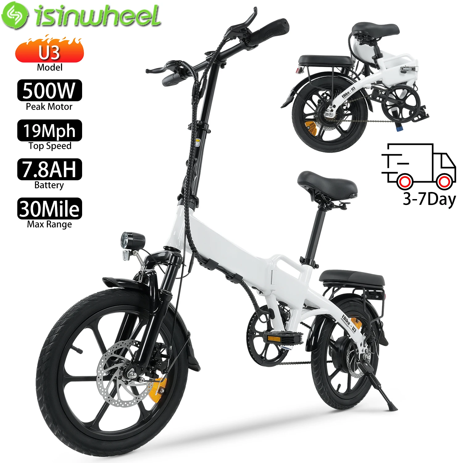 

Электрический велосипед, складной lsinwheel U3, 16 дюймов, 500 Вт, верхняя скорость, 19 миль в час, электронный велосипед для взрослых, 36 В, 7,8 Ач, максимальный диапазон 30 миль, нагрузка 264 дюйма