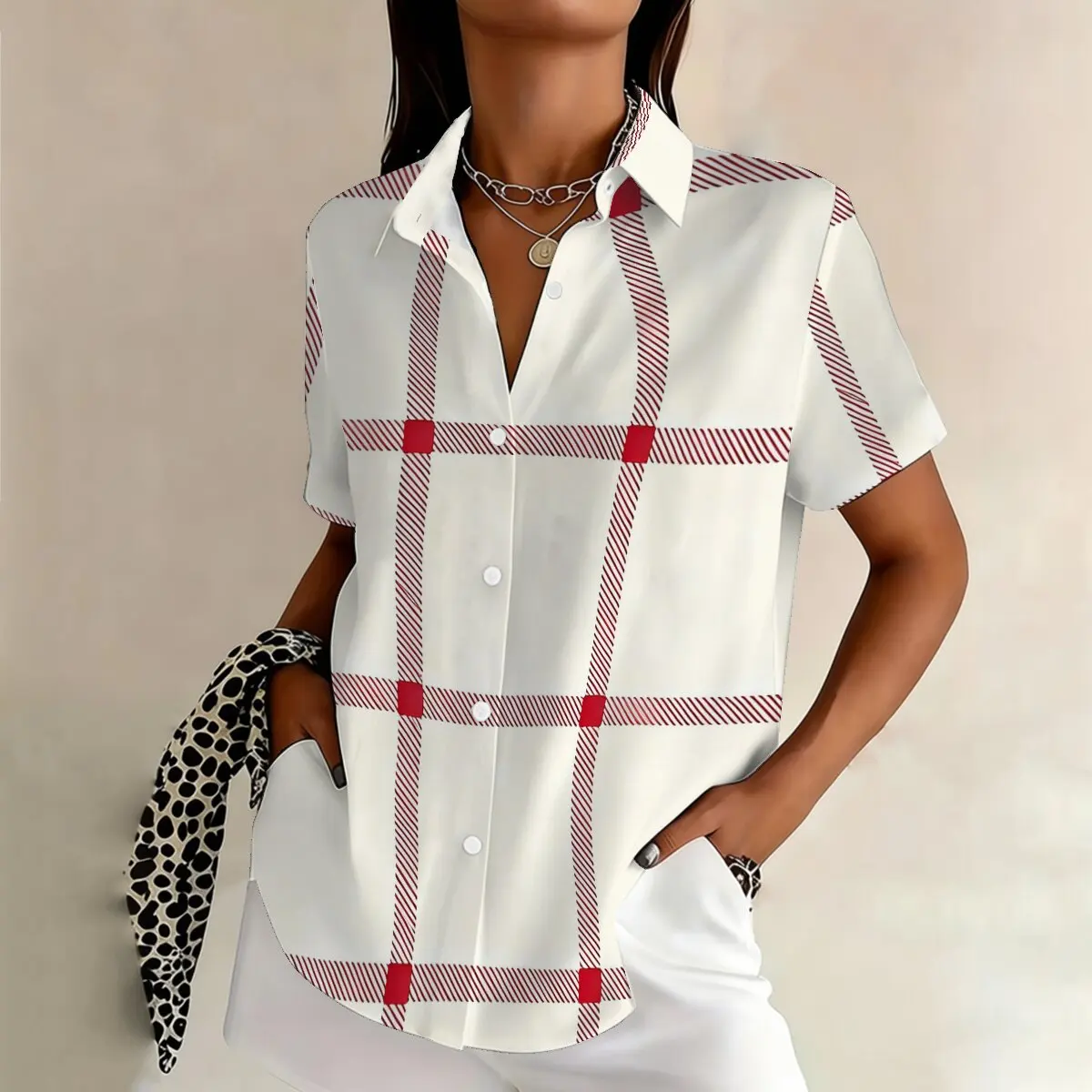 Summer plus-size women's short-sleeve shirt,classic and soft plaid,stylishand vibrant,age-reducing for business occasions.
