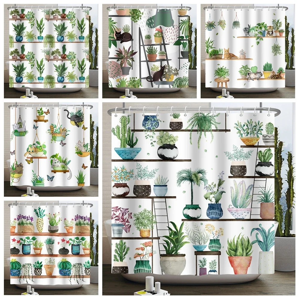 Green Potted Plant Shower Curtain Tropical Greenhouse Botanical Succulents Cactus Modern Aesthetic Waterproof Bathroom Curtain