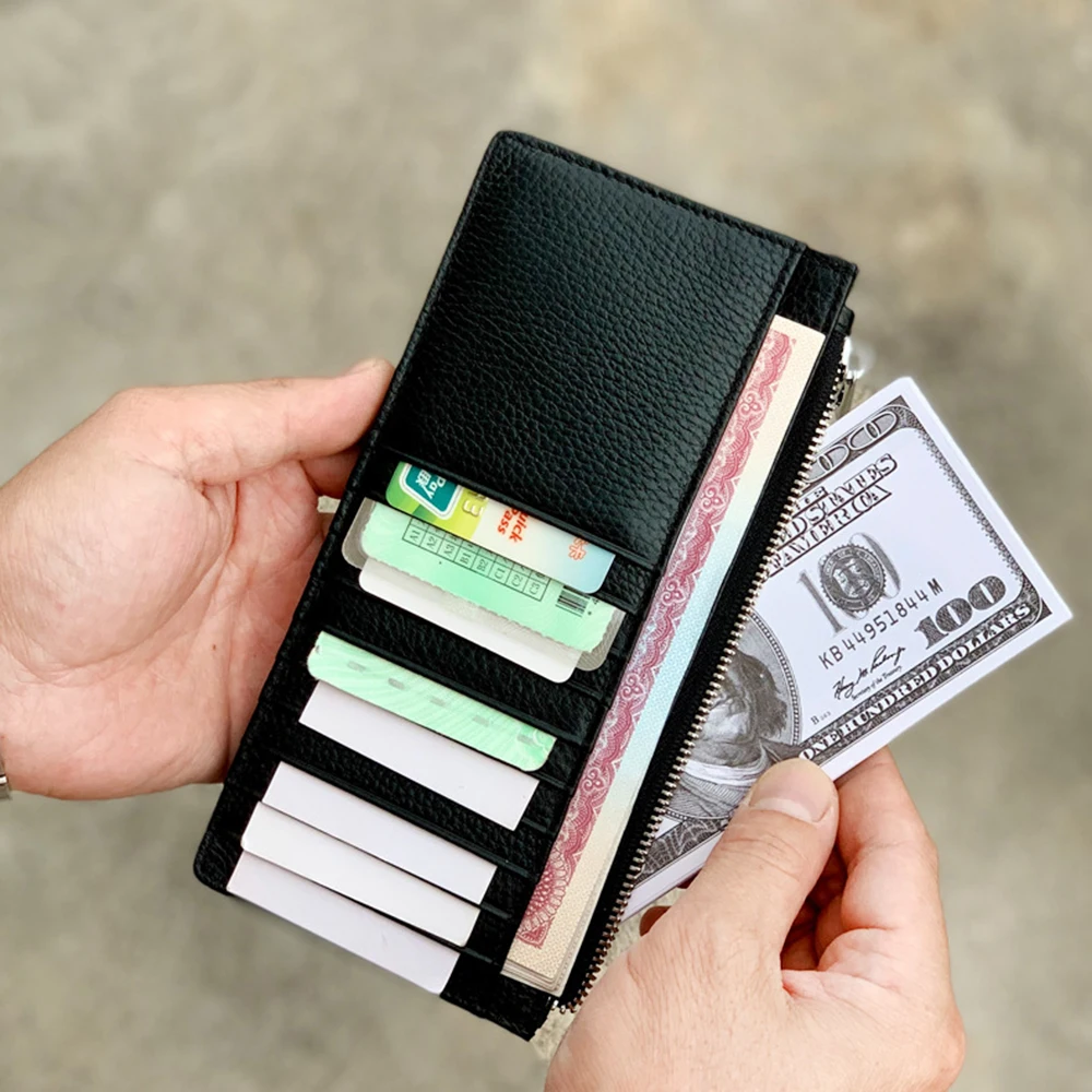 Large Capacity Long Zipper Card Holder Custom Letters Genuine Leather Men Credit Card Wallet Business Women Phone Clutch Purse