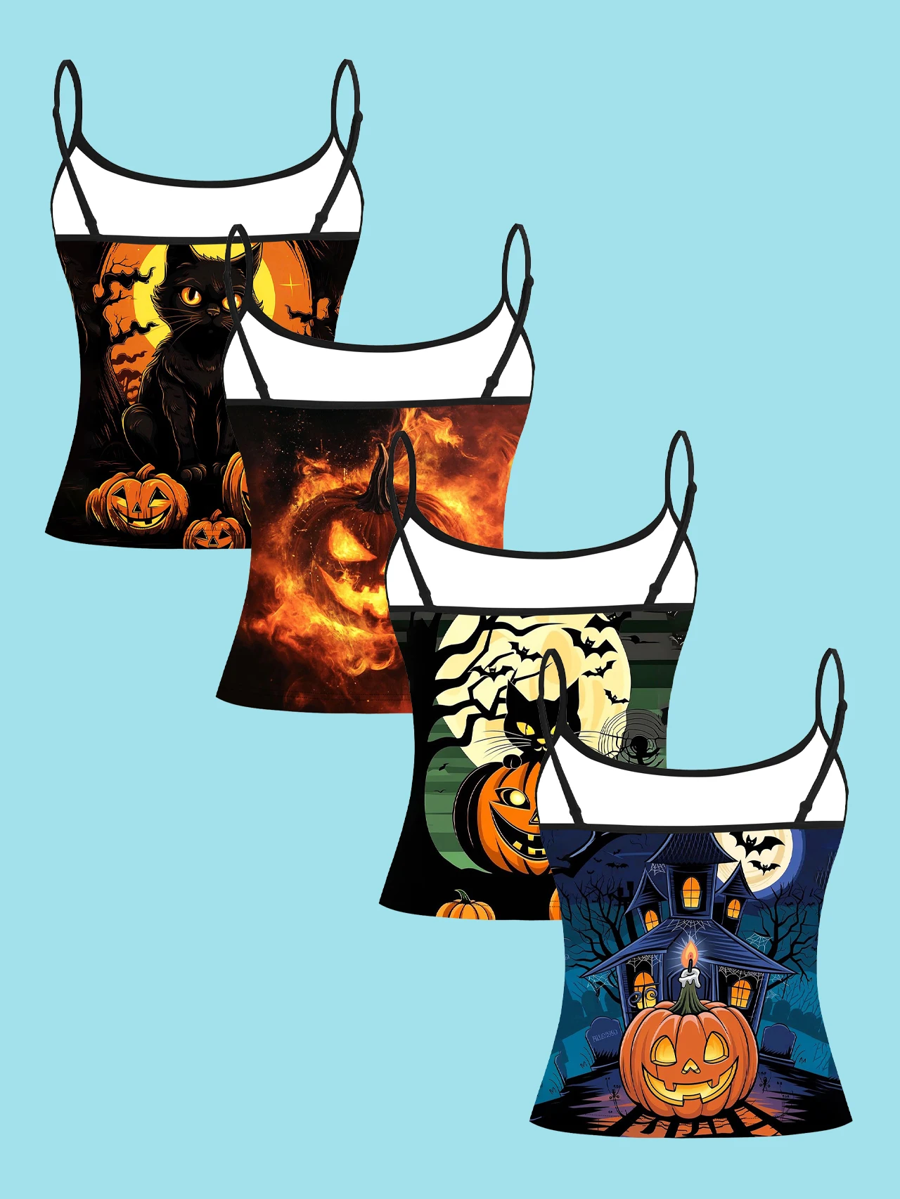 4-Piece Set of Halloween Black Cat Pumpkin Women's Camisoles with Flame Pumpkin, Moonlit Tree, Bat, and Castle Prints, Slim-Fit Spaghetti Strap Short Camisole Tops