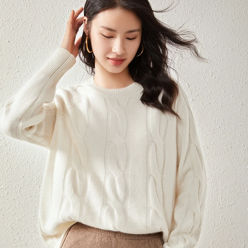 เสื้อไหมแคชเมียร์ถักลายดอกบิดเกลียว คอกลม แขนยาว สำหรับผู้หญิง ดีไซน์หรูหรา สไตล์ชาติพันธุ์ สำหรับฤดูใบไม้ร่วงและฤดูหนาว ผลิตจากไหมแคชเมียร์แท้ 100%