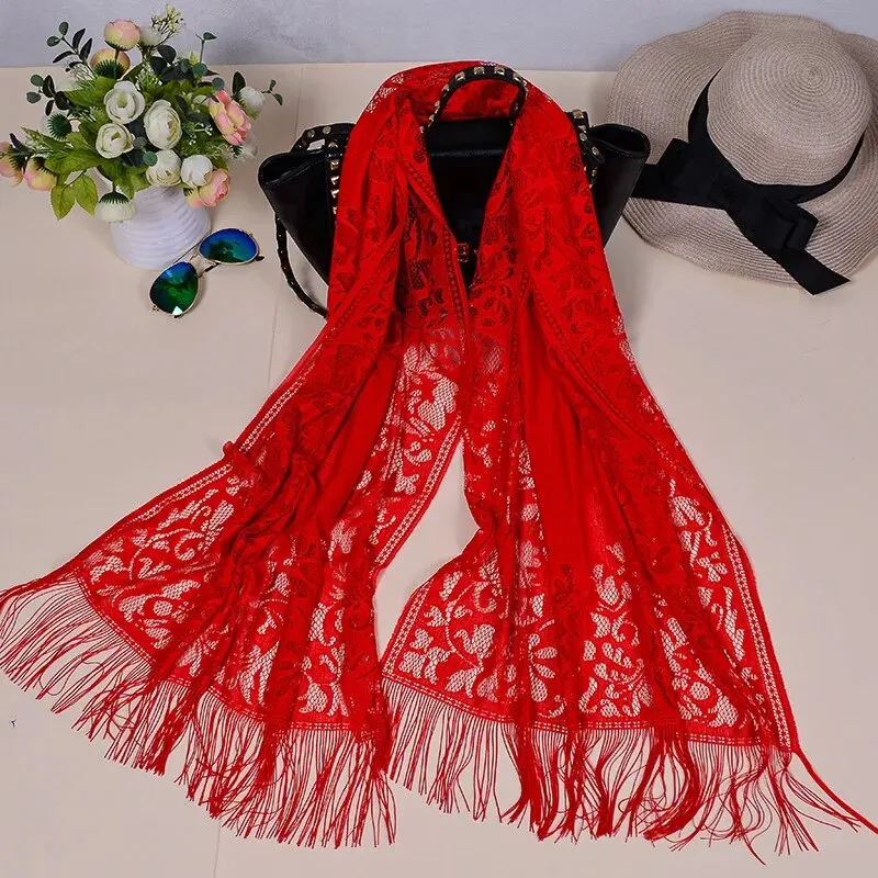 New Design Hot Brand Solid Lace Summer ScarfHollow Embroidered Fringed Mesh Shawl Women Muslim Hijab Shawl Long Soft Wrap