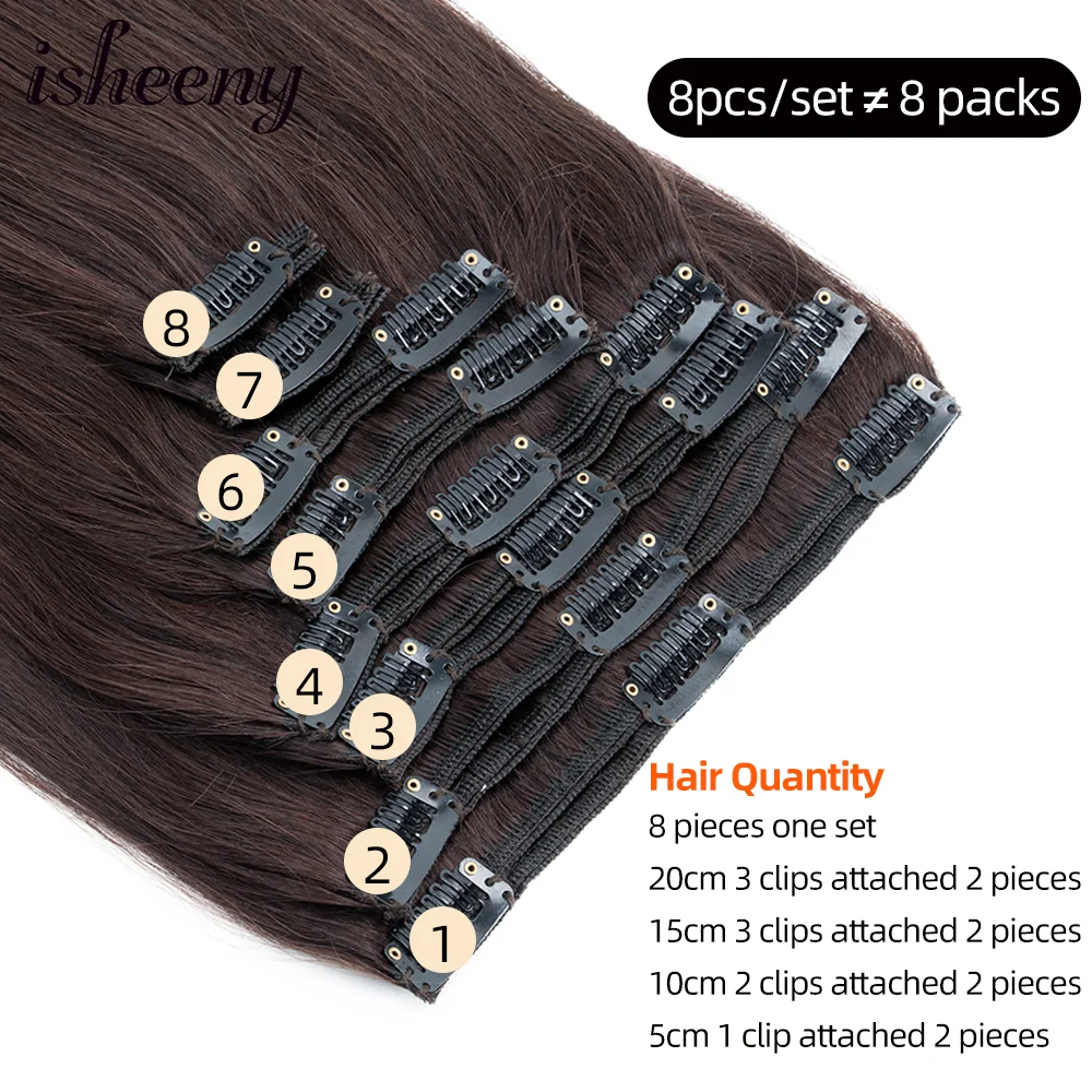 Isheeny Clip in Human Hair Extensions Straight 14"-24" Invisible Clip Hair Pieces Full Head Natural Seamless 8pcs/set For Women