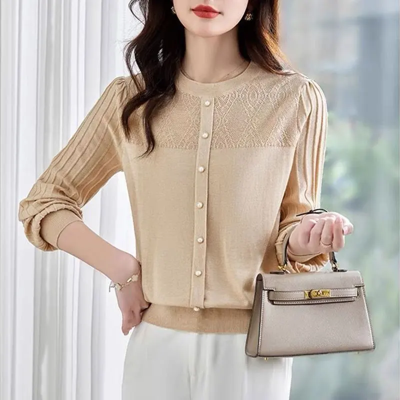 Female Clothing Fashion Hollow Out Blouse Korean Solid Color Spring Autumn Commute Button Loose Casual Round Neck Knitted Shirt