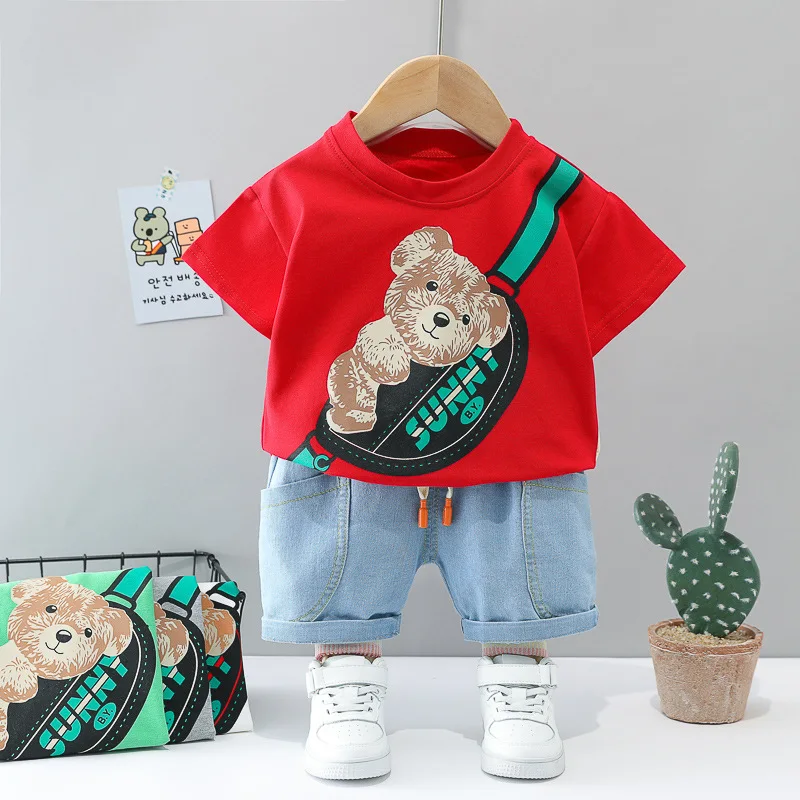 New Summer Suit for Boys Cartoon O-neck T-shirts Tops and Denim Shorts Two Piece Infant Outfits Kids Boutique Clothes Tracksuits