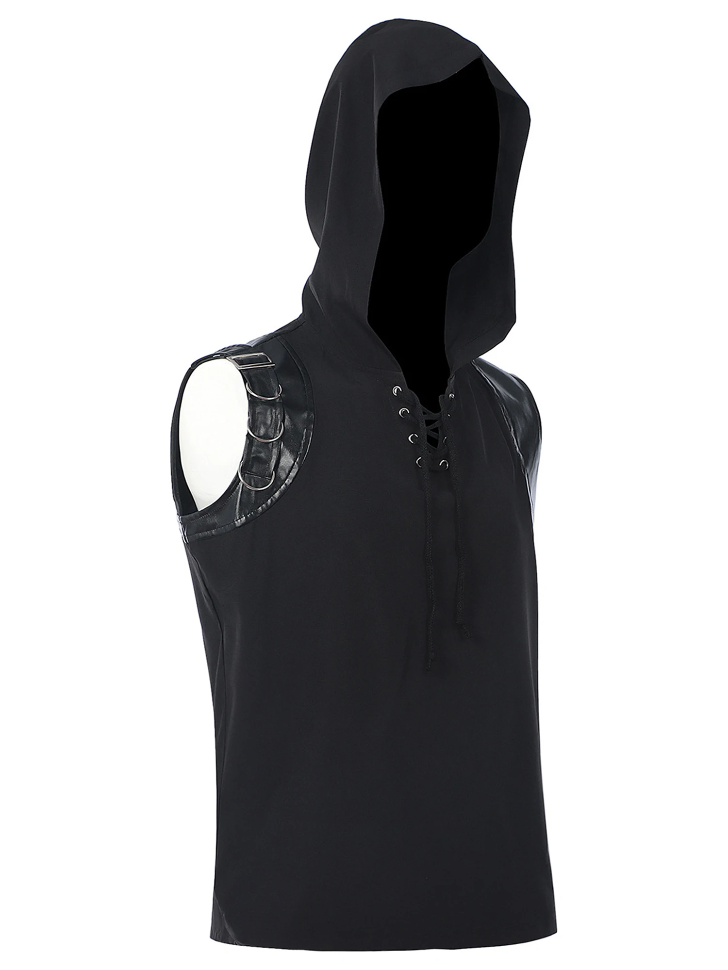 

Men Pirate Roleplay Gothic Costume Hooded Tank Top Faux Leather Patchwork Vest Punk T-Shirt for Medieval Style Cosplay Roleplay