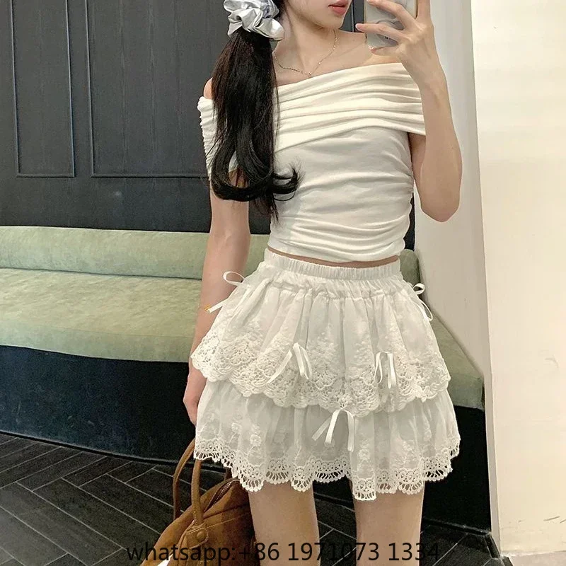 Deeptown Coquette White Lace Short Skirt Ruffle Women Sweet Bow Kawaii Mini Skirts Patchwork Layered A-line Aesthetics Skirt