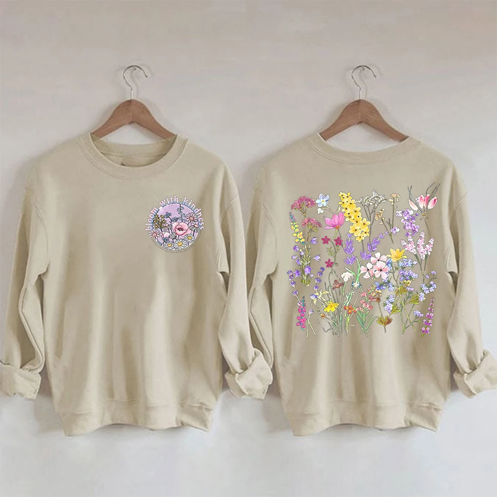 

Rheaclots Women's Bloom With Kindness Print Cotton Female Cute Long Sleeves Sweatshirt