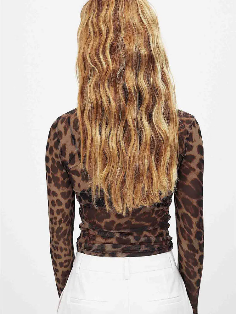 Women Mesh Shirt Long Sleeve Leopard Print Crop Top Sexy Crew Neck T-shirts Fashion Slim Fit Ladies Transparent Tops Streetwear