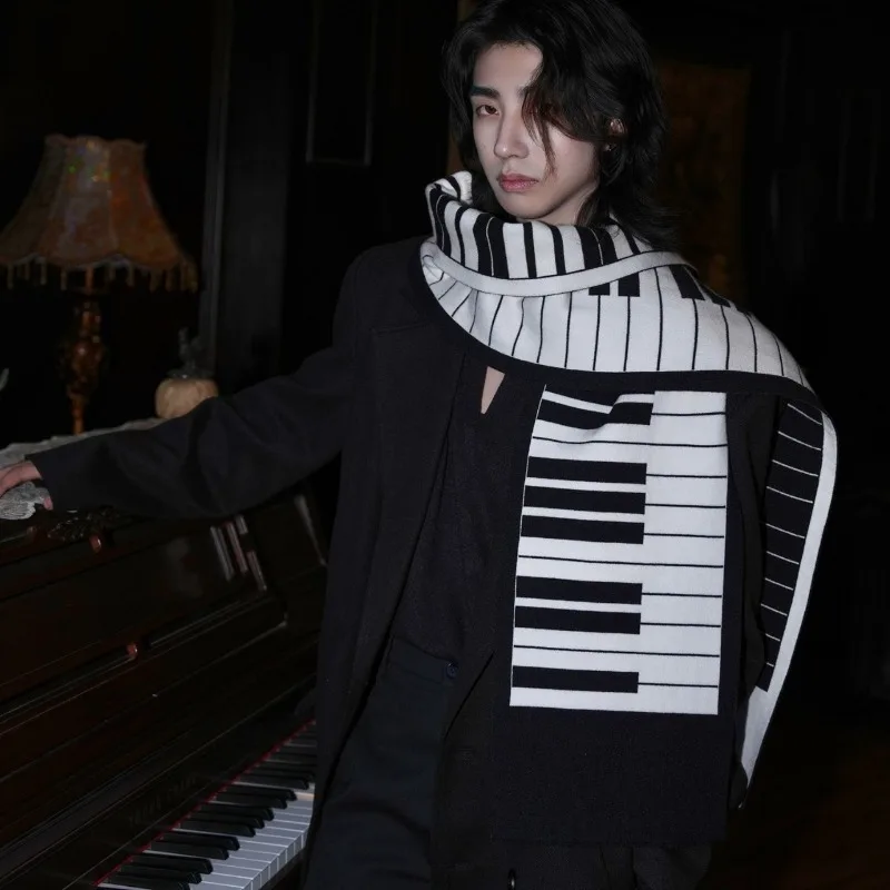 New Versatile Warm Scarf Japanese Style Piano Black White Key Scarf Men Imitation Rabbit Velvet Jacquard Shawl Ruffian Gentle - Image 2