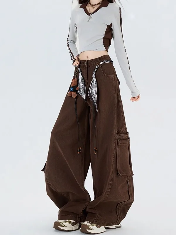 

Коричневые рабочие джинсы-карго с высокой талией, свободные повседневные брюки с широкими штанинами для женщин, осень 2025, новинка, американский бренд MEKEYNY