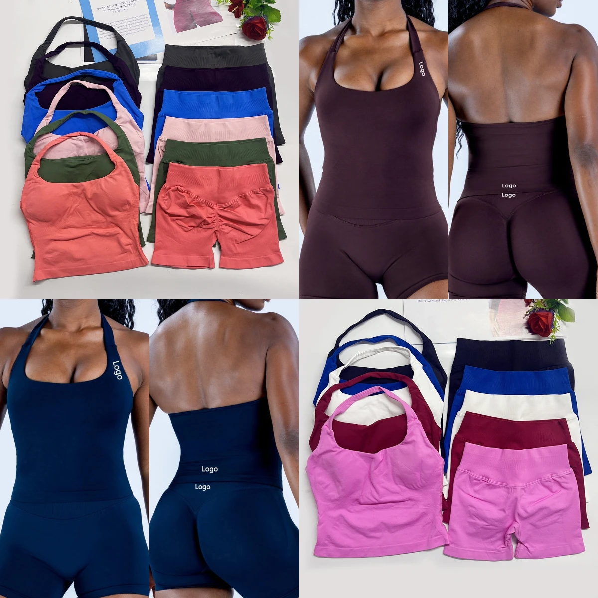 

yoga outfits Women 2 pcs DF Sports Impact Set halterneck Backless Halter Top Seamless Scrunch Shorts Gym Workout Sports Suits