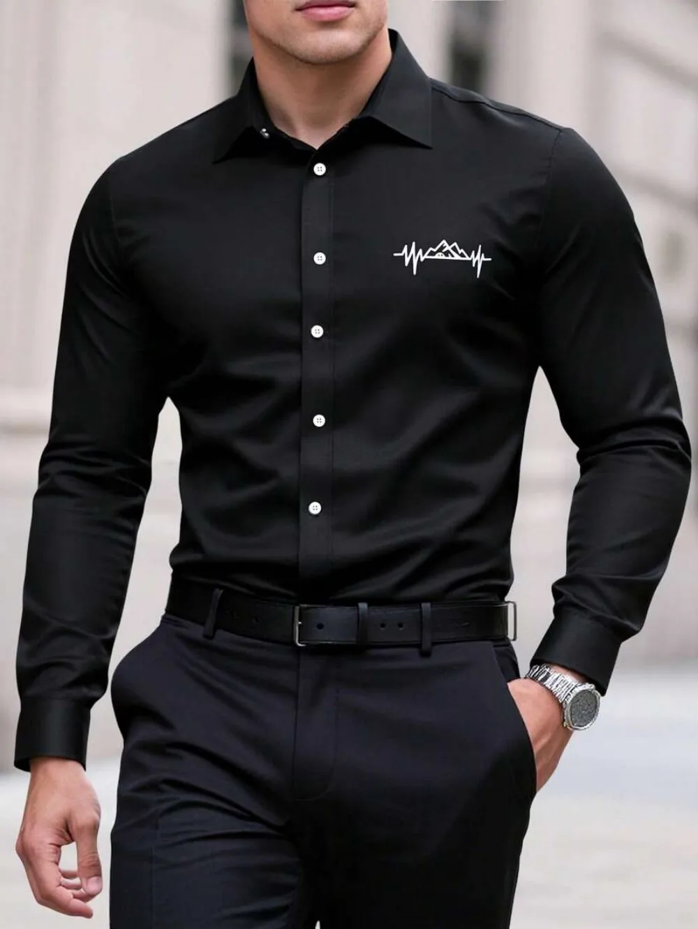 Men's Mountain Print Single Button Casual Commuter Long Sleeve Shirt, Men's Formal Shirt, Business Shirt, Slim Fit Men's Shirt