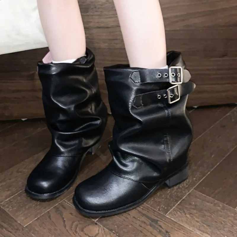 

Retro Block Heel Western Booties Women Spring Summer New Square Toe Foot Metal Buckle Pleated Mid Cylinder Stack Boots