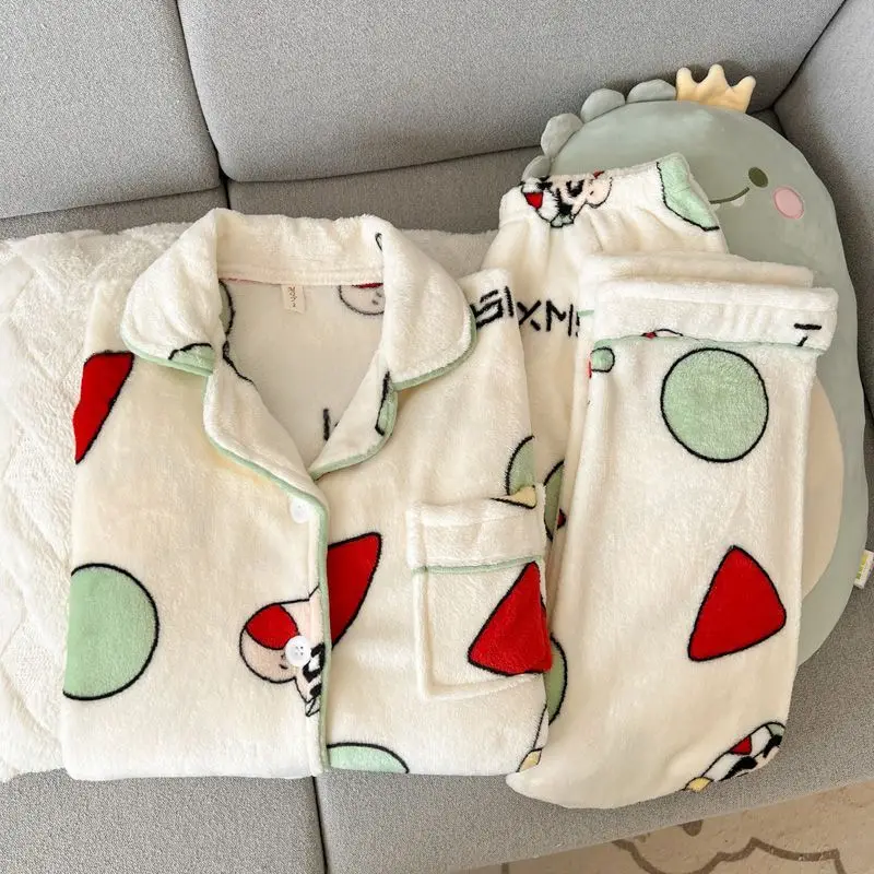 Autumn and Winter Crayon Shin-Chan Pajamas Women's Coral Fleece Sleepwear Cartoon Long Sleeved Pants Two Piece Warm Home Clothes
