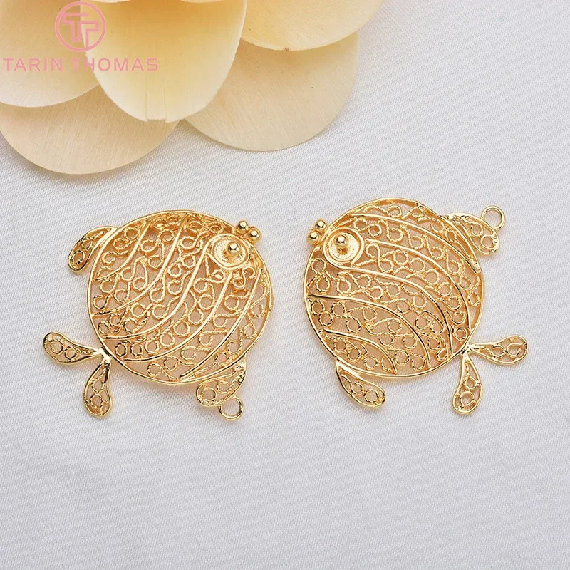 (1509)6PCS 34x34MM 24K Gold Color Plated Brass Hollow Twist Fish Charms Pendants High Quality DIY Jewelry Making Findings