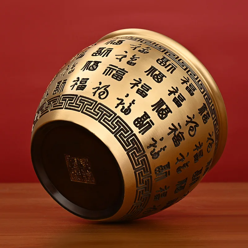 Hundred Blessings Copper Vase, Pure Copper Double Dragon Vase, Brass Rice Jar, Fortune Character Treasure Bowl Ornament, Living