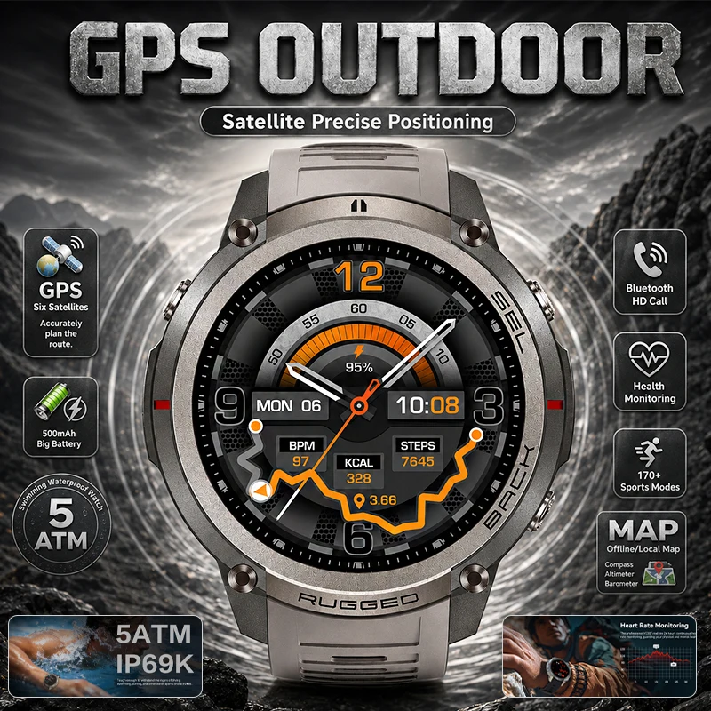 NEW Global 6-Satellite GPS Smart Watch Offline Maps 170+Sports Modes Altimeter Health Monitoring 5ATM Waterproof Smart Watch