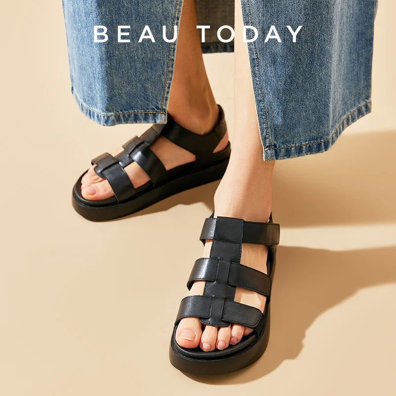 

BEAUTODAY сандалии-гладиаторы, женские сандалии из натуральной коровьей кожи на плоской подошве с открытым носком и ремешком на щиколотке, летние повседневные женские туфли на платформе 34560