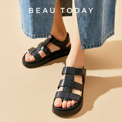 BEAUTODAY Gladiator Sandals Women Genuine Cow Leather Flats Open Toe Ankle Strap Summer Casual Ladies Platform Shoes 34560